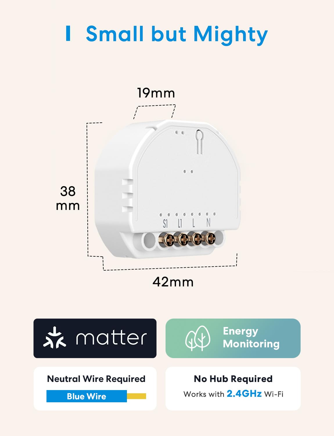meross Inteligentny przełącznik (wymagany jest NEUTRALNY PRZEWOD) - Śledzenie zużycia energii i Matter Simple Setup (MSS), przełącznik WiFi kompatybilny z Apple Home, Alexa i Google Home