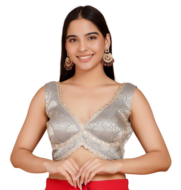 Women Brocade Silk Saree Blouse Sabyasachi Cut Readymade Padded Choli Crop Top Blouse-picture-18