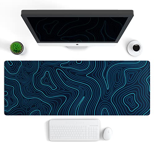 Image of Ovenbird Gaming Mouse Pad with Stitched Edges, Topographic Map Blue Extended XL Mousepad with Anti-Slip Base, Cool Large Mouse Pad for Desk, 31.5 x 11.8 in, Blue