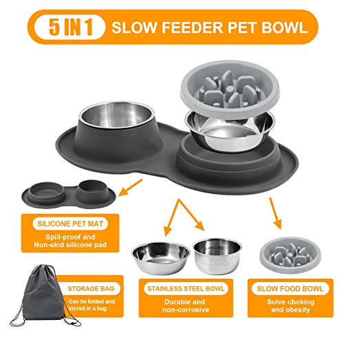 Pet Bowls And Silicone Feeding Mat Set (5-In-1) Slow Feeder Dog Bowls, Catch Water And Food Mess, Raised Edges For No-Spills, Stainless Steel Dishes For Puppy Medium Dogs Cats (Grey) #TOP1