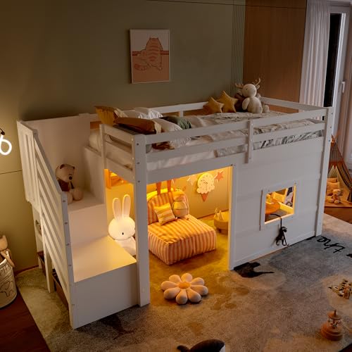 Yihomfy Lit Mezzanine Enfant 90x200 avec Escalier de Rangement, Cadre de Lit Enfant Fenêtre et...