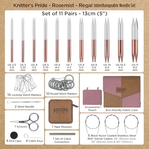 Image of Knitter's Pride Rosemist Regal Interchangeable Needle Set 5 inch inch (13cm) - 11 US Sizes (2.5 to 11)