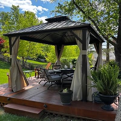 PURPLE LEAF 10’ X 14’ Outdoor Hardtop Gazebo Metal Frame Galvanized Steel Double Roof with Curtains and Nettings for Patio Desk Backyard Bronze