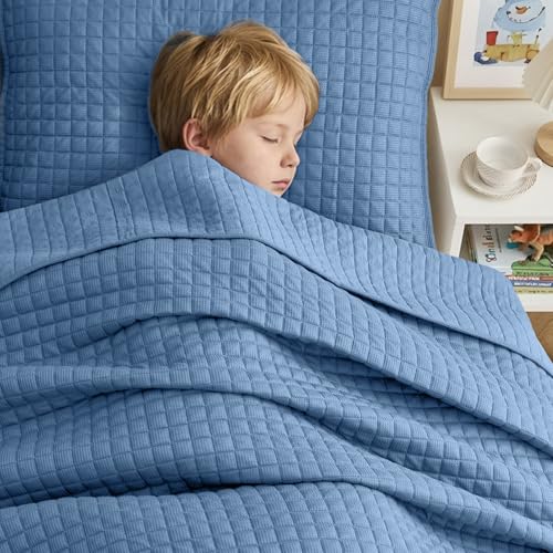 Image of Wonderful 3 Piece Waffle Weave Quilt Set Full Size, Blue Lightweight Bedspread Coverlet for All Season, Ultra Soft Microfiber Bedding Set with 2 Pillow Shams, Waffle Pattern Quilted Design 90 inchx90 inch | Breathable & Cozy