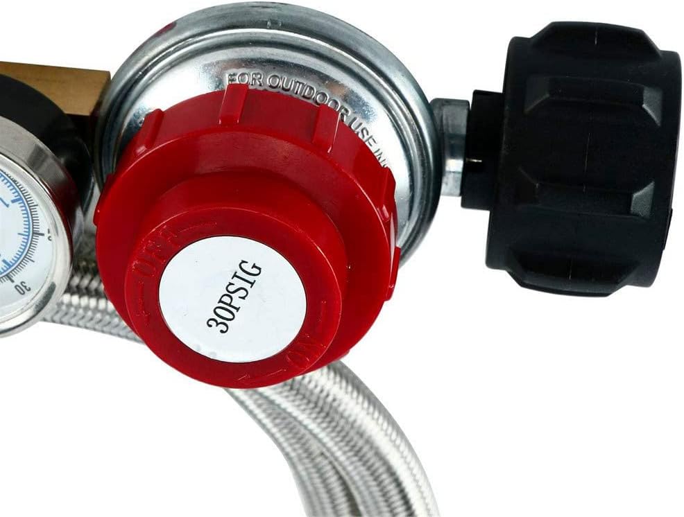 High Pressure (0-30 PSI) Adjustable Propane Regulator and 12 Feet Steel Braided Hose with PSI Gauge
