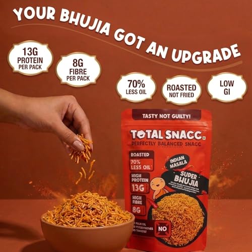 Image of TOTAL SNACC Roasted Protein Bhujia Combo (70g x 6 Packs) | 13g Protein & 8g Fibre per pack | 70% Less Oil | No Palm Oil | Indian Masala, Peri Peri, & Pudina Lime | Healthy Snacks Combo | Millet Bhujiya | Baked Bhujia Sev | Baked Namkeen | Diabetic Friendly | Low Calorie
