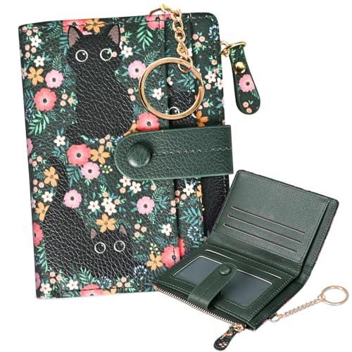 Image of COSHAYSOO Wallet for Women Ladies RFID Blocking-Compact Bifold Coin Purse with Card Slots ID Window Zipper Pocket-Waterproof PU Leather Mini Wallet with Keychain Hook-Floral Cat Design