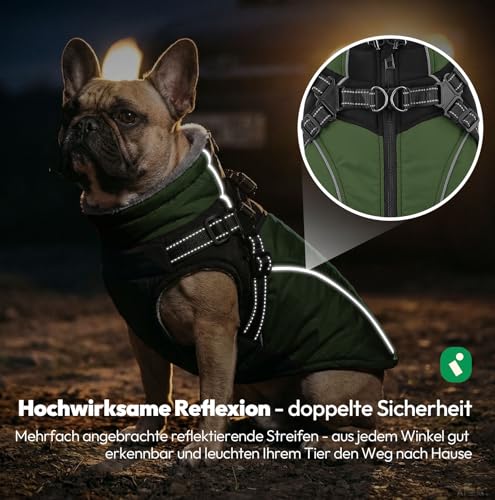 KONVINIT Warme Hundejacke Wasserdicht Hundemantel für Kleine und Mittelgroße Grosse Hunde Winter Hundemantel mit Geschirr Hund Wintermantel mit Reflexstreifen und Bauchschutz,Size L