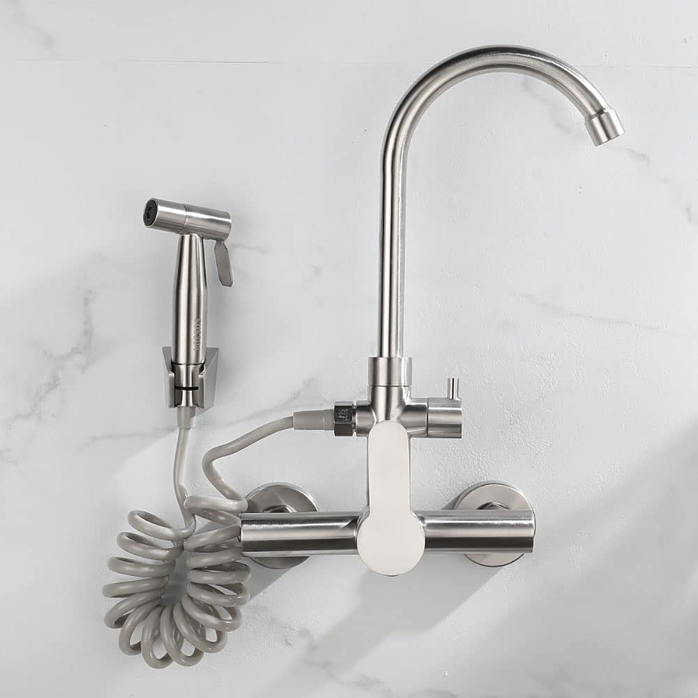 HomeLava Wasserhahn Küche Wandarmatur Wandmontage 360° Drehbare Edelstahl Spültischarmatur Kalt und Heiß Einhebelmischer Küchenarmatur Armatur mit Spritzpistole, Gebürstet