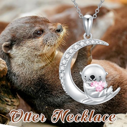 Image of PROESS Animal Birthstone Necklace 925 Sterling Silver Otter /Axolotl /Hippo /Elephant /Dachshund /Monkey /Red Panda Pendant Necklace Animal Birthstone Jewelry Gifts for Women