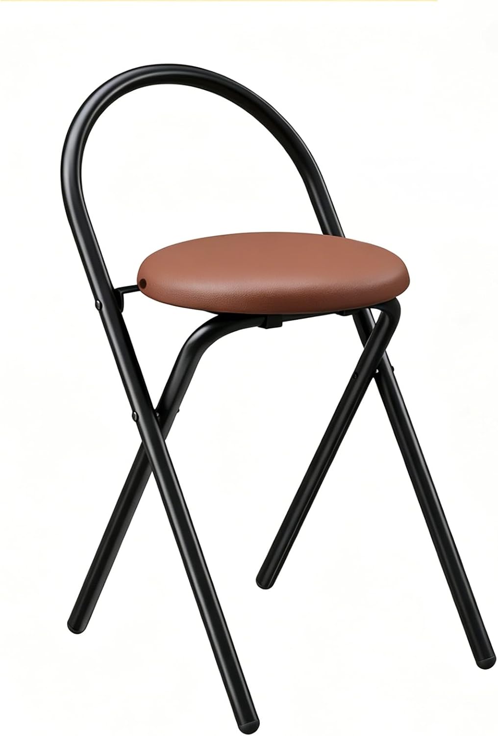 Round Folding Chair, Pu Leather Folding Stool, Bar Stool with Backrest, Suitable for Home, Dining Room, Small Space Black Legs Brown
