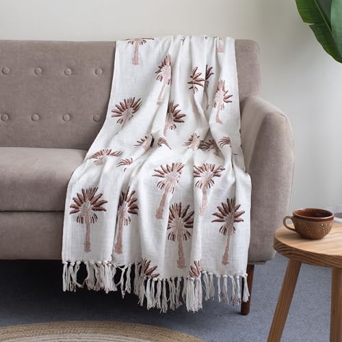 Image of Hand Block Printed Cotton Jute Sofa Throw Blanket 50x70 Inches Soft Lightweight Decorative Couch Coverlet with Tassels Boho Living Room & Bed Cover (Palm Tree Design, Off White & Brown)