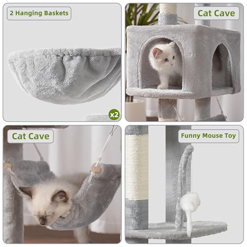 Image of Gitelsnour Tall Cat Tree Tower for for Multiple Cats, Large Condo, GCT031W | 78.7 inch(200cm) Multi-level Scratching Post for Indoor Large Adult, 2 Condo, 4 Platforms, 3 Hammock, Sisal Rope, Toys Light Gray