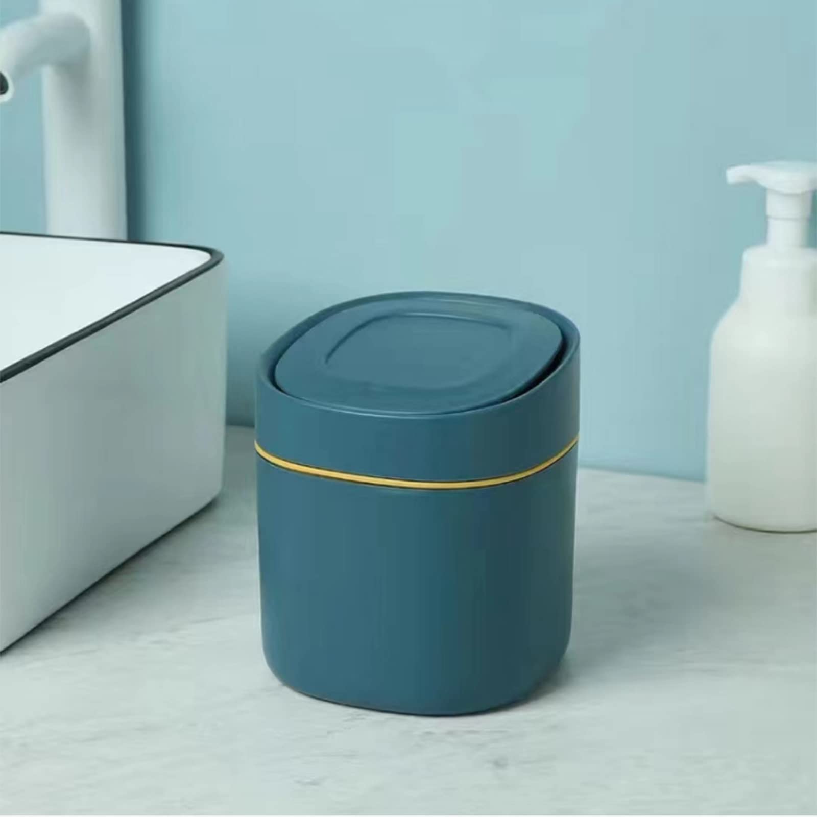 Mini Pattumiera Da Tavolo 2 Litri Con Coperchio A Scatto - Set Da 2 Cestini Per Scrivania, Bagno, Ufficio - Include 100 Sacchetti (Blu+Grigio)