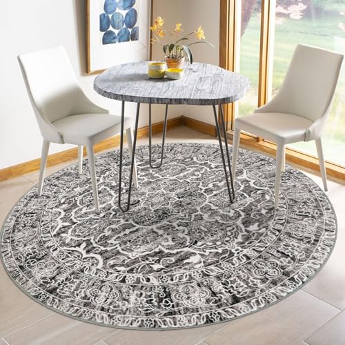 KUTA Vintage Round Rugs 5ft, Tan Grey Washable Circle Rug 5ft, Non-Slip Printed Floral Medallion Carpet for Living Room, Soft Cozy Dining Kitchen Throw for Entryway