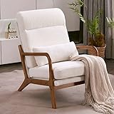 Bonnlo High Back Teddy Fleece White Mid Century Modern Accent Chair, Soild Wood Padding Lounge Armchairs Side Sitting Chairs for Living Room, Bedroom, Guest Room