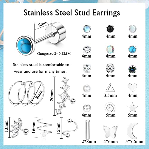Sailimue 23Pairs Surgical Steel Flat Back Stud Earrings For Women Men Hypoallergenic 20G Tiny Cartilage Earrings Stud Hoops Small Cz Star Moon Heart Opal Helix Tragus Daith Earrings Piercing Jewelry #TOP1