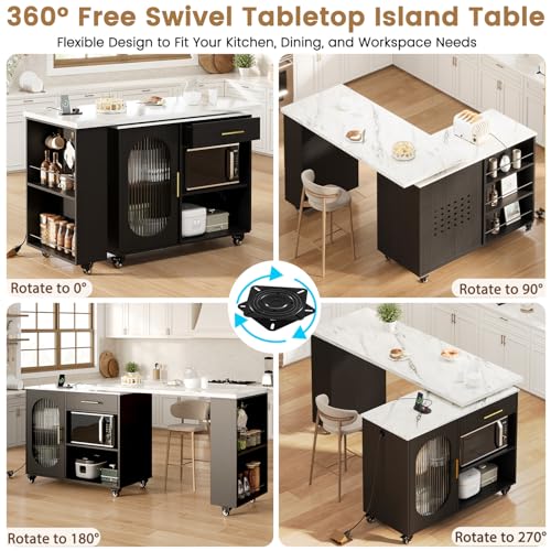 Image of HSH 71 inch Rolling Kitchen Island with Storage Seating on Wheels, White Marble | Mobile Island With 360 Swivel Faux Marble Top, With Power Outlet, Storage Cabinet, Open Adjustable Shelves Fit In Microwave