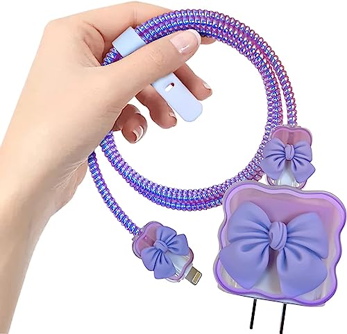Image of iPhone Charger Case,Accessories,Protective Case for 18W 20W iPhone 14 13 12 11 Pro Max Fast Charging Cable Adapter Charger, Cute Lightning Data Cable Case for iPhone Charger,(Purple Bow)