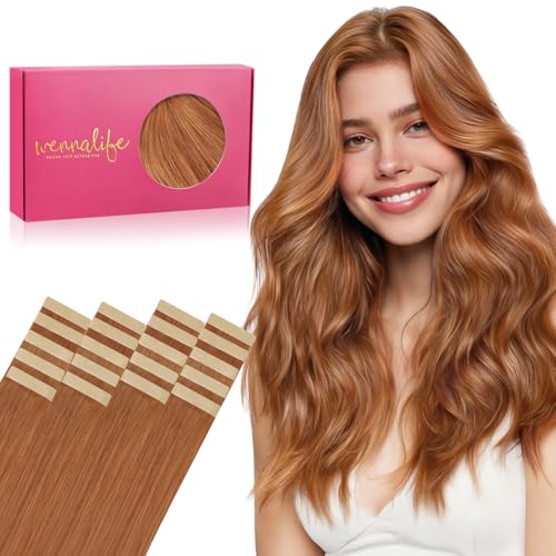 Image of WENNALIFE Tape in Hair Extensions Human Hair, 20pcs 40g 12 inch Cinnamon Terra Copper Remy Hair Extensions Straight Human Hair Tape in Extensions Skin Weft Tape Extensions Human Hair