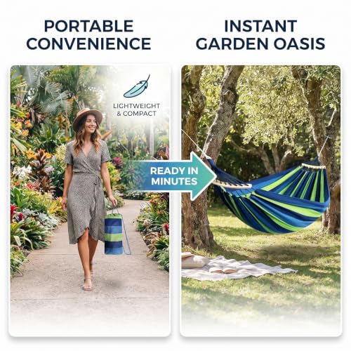 Image of Baskety Double Person Cotton Canvas Hammock with Spreader Bars Ultralight Travel Camping Hammock Swing Bed for Outdoor, Balcony, Garden, Beach - Max Load 200 KG (Blue, 280 x 100 cm)