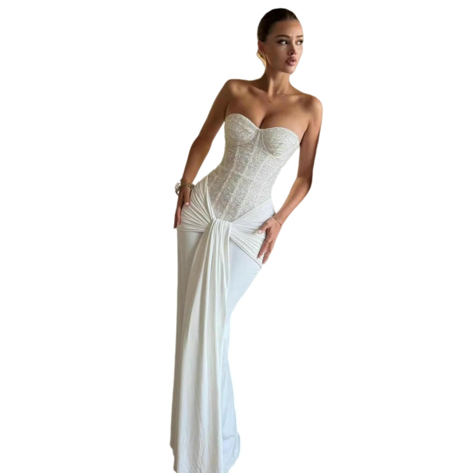 Vestito Donna Velvet Evening Maxi Dress, Elegante Paillette di Lusso Bianco Lungo Abito per Compleanno, Cocktail Party Ed Eventi Formali-White-s