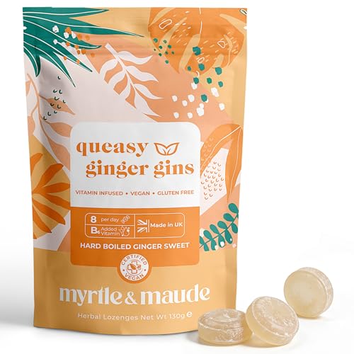 Myrtle & Maude Queasy Ginger Gins Ginger Sweets for Morning Sickness & Pregnancy Nausea Enriched with Vitamin B6 Certified Vegan & Made in UK 130g