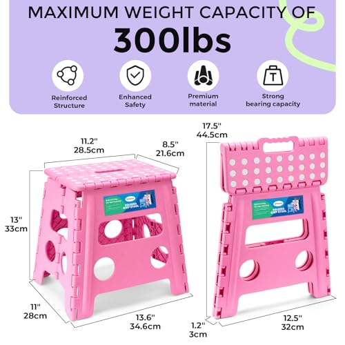 Image of Dyforce Folding Step Stool 13 Inch - Non-Slip Foldable Stool for Adults & Kids, Holds 300 lbs, Lightweight Compact Foot Stool with Handle for Kitchen, Bathroom, Bedroom (Pink)