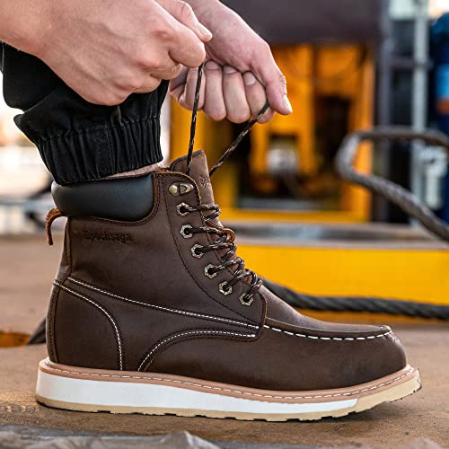 Image of Steel Moc Toe Waterproof Safety Work Boots For Men,Fashion Classic Insulated Industrial Construction Ankle Shoes Dark Brown 6 Inch Footwear
