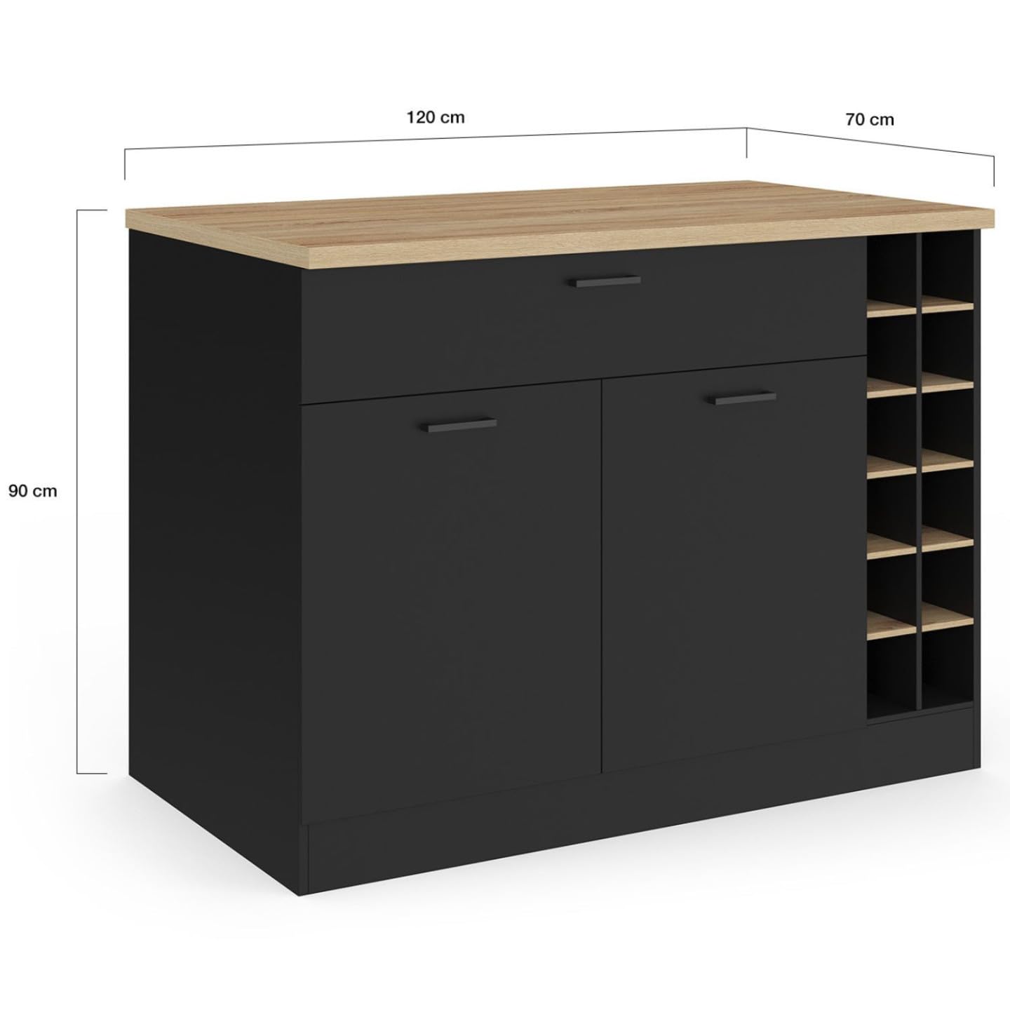 IDMarket - Ilot Central George avec Range-Bouteilles Placard et tiroir Bois Noir avec Plan de Travail façon hêtre