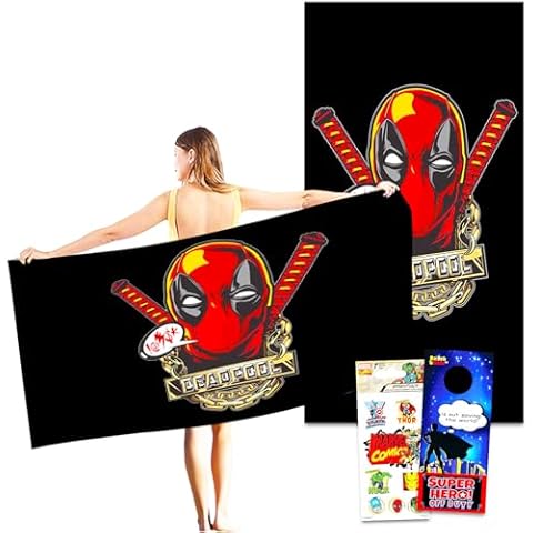 Deadpool Beach Towel Set - Bundle of 40" x 72" Marvel Beach Towel with Stickers and More Beach Accessories Cover