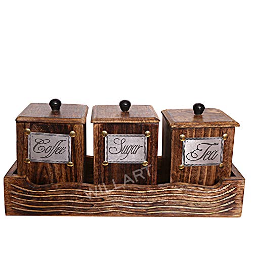 WILLART Handcrafted Wooden Antique Look Tea Coffee Sugar 3 Large Container Set in Wooden Tray - Container Canister