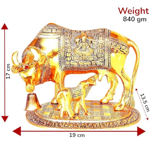 Image of KridayKraft Kamdhenu Cow,Calf with Bal Gopal Krishna Metal Statue for Good Luck,Feng Shui As Table Top Figurine,Vastu,Religious Gau MATA Idol