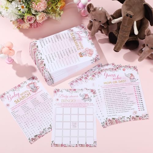 Image of Jetec 302 Pcs Baby Shower Games, 6 Games,50 Sheets Each, Pink Elephant
