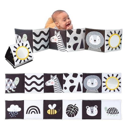 Image of Taf Toys Newborn Soft Activity Book Black & White High Contrast Baby Book Infant Sensory Toys Tummy Time Soft Cloth Books for Babies Textured Fabric Crinkling Shapes Patterns 0-12 Months Newborn Toys