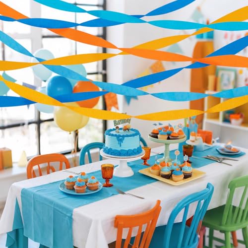 Image of Riqiaqia Crepe Paper Streamers Party Decorations, Blue and Orange Party Decorations, 8 Rolls of Blue, Orange Party Streamers for Blue Dog Birthday Party Supplies