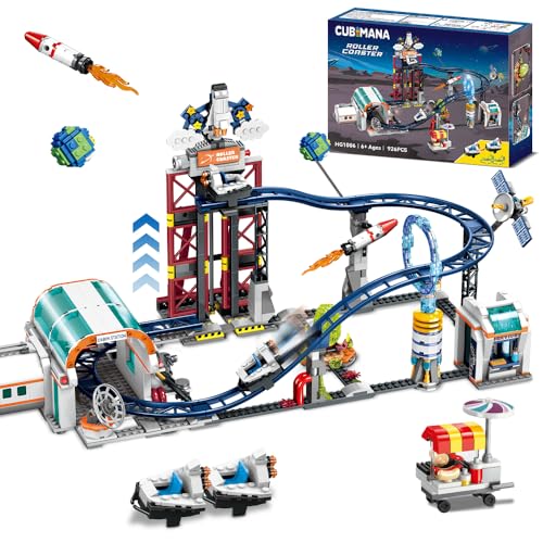 CUBIMANA Weltraum-Achterbahn-Bausätze Achterbahn-Bauspielzeug mit Rakete Hebebühne Satelliten 926-teiliger Weltraum-Abenteuerpark für Erwachsene Jugendliche Kinder Jungen im Alter von 812 Jahren