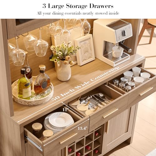 Image of 77 inch Tall Pantry Cabinet & Coffee Bar Cabinet with Storage,Natural Oak | Wine Cabinet for Dining Room Home with LED Lighting & Charging Station, Bar Cabinets for Kitchen,Dining Room, Living Room