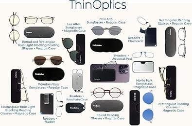 ThinOptics Universal Case and Readers Rectangular Reading Glasses, Silver Black Metal Pod with Black Frames, 1.5 Strength