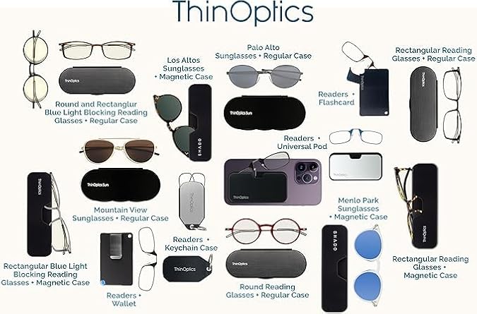 ThinOptics Universal Case and Readers Rectangular Reading Glasses, Silver Black Metal Pod with Black Frames, 1.5 Strength