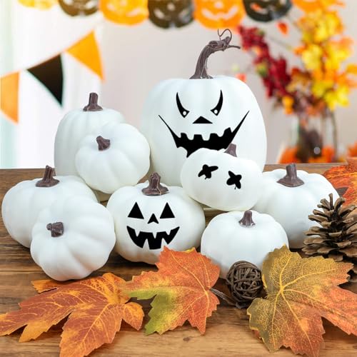 Image of Ghrdopy 9PCS Fall Pumpkin Decor - Plastic Artificial Fake Pumpkins Used for Home Party Outdoor Decor and Thanksgiving Decorations(White)