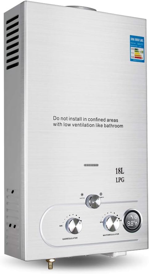 18L Instant Tankless Water Heater, Pevor 36KW Tankless Water Bolier Propane Gas Water Heater Instant Hot Water Heater with Shower Kits