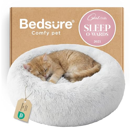 Bedsure Calming Cat Beds for Indoor Cats - Small Cat Bed Washable 20 inches, Anti-Slip Round Fluffy Plush Faux Fur Pet Bed, Fits up to 15 lbs Pets, Frost Grey