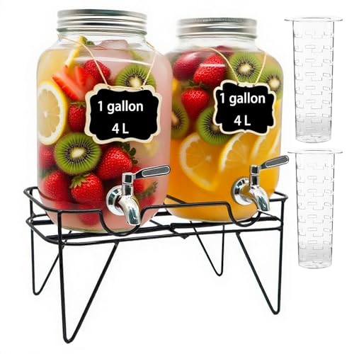 Toowood – Distributeur de Boissons en Verre 1 Gallon (Lot de 2) avec Robinet en Acier Inoxydable – Idéal pour Fêtes, Boissons et Limonade