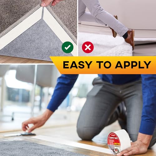 Image of Carpet Tape Double Sided - Rug Tape Grippers for Hardwood Floors and Area Rugs - Carpet Binding Tape Strong Adhesive and Removable, Heavy Duty Stickers Grip Tape, Residue Free (2 Inch / 100 Yards)