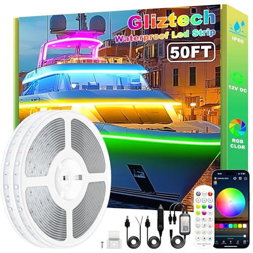 Gliztech Led Boat Lights 50FT, Marine Pontoon Led Lights with App, 12V RGB Waterproof Boat Interior Strip Light for Pontoon, RV, Kayak, Deck