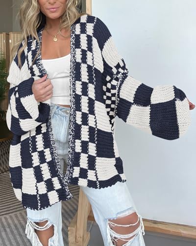Image of BTFBM Casual Cardigan Sweater for Women Fall 2026 Long Sleeve Open Front Chunky Knit Sweaters Checkered Outwear Coat