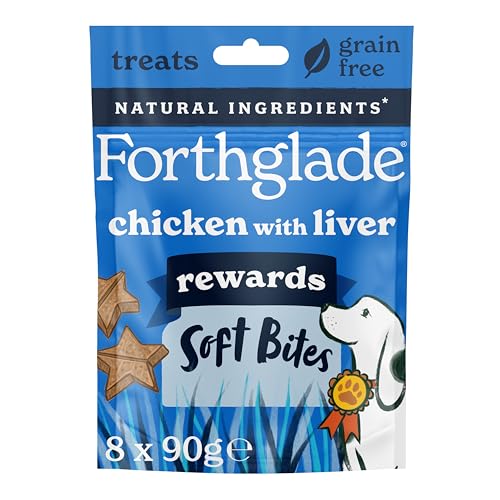 Forthglade Natural Dog Treats (8 x 90g Bags) - Hypoallergenic & Grain Free Dog Training Treats with Chicken and Liver Baked Soft Bite Rewards Resealable Bags
