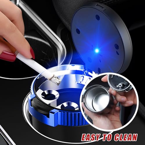 Image of Dickno Car Ashtray with Lid, Detachable Stainless Smokeless Auto Ashtray, Portable Mini Vehicle Trash Can with LED Blue Light, Universal Interior Accessories for Cup Holder (Blue, 1 PC) (Pack of 2)
