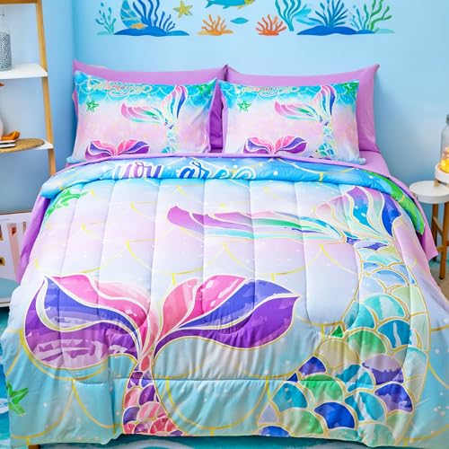 Image of Purple Mermaid Queen Bedding - Kids Comforter Sets for Girls, 7-Piece Soft Set with Matching Sheets and Pillow Sham